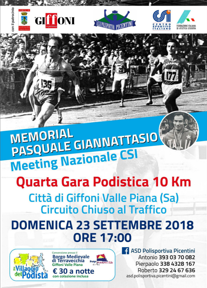 Memorial Pasquale Giannattasio 2018 gara podistica Giffoni Valle Piana