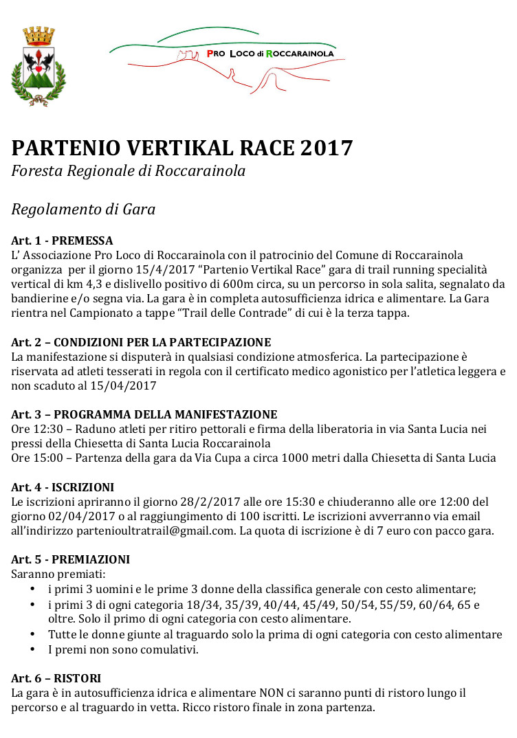 Partenio vertikal race regolamento 2017
