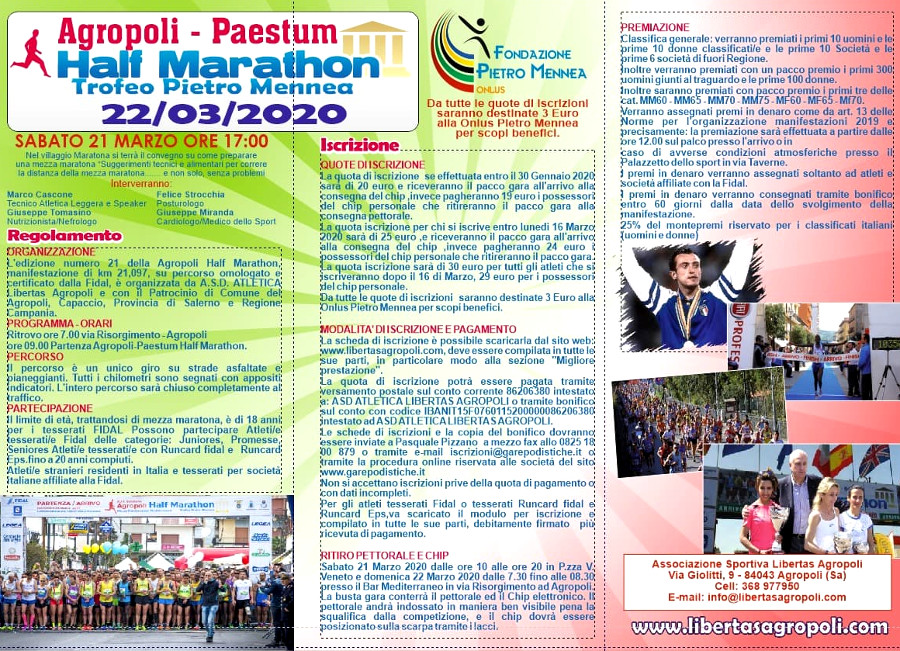 Agropoli Half Marathon Trofeo Pietro Mennea 2020 volantino