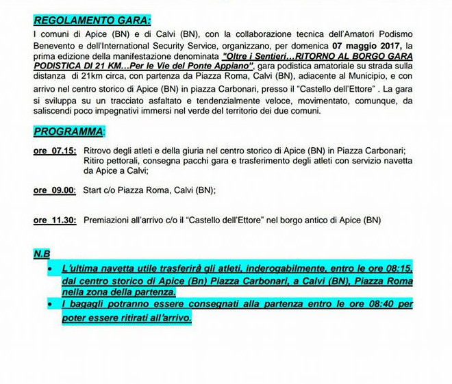 Apice Calvi Borgo mezzamaratona regolamento 2017 