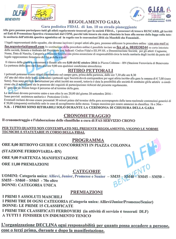 Benevento Festa Ferroviere Regolamento 2016