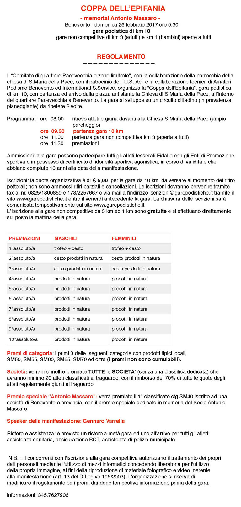 Benevento gara podistica febbraio 2017