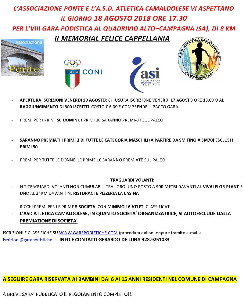 Memorial Felice Cappellania 2018 Campagna