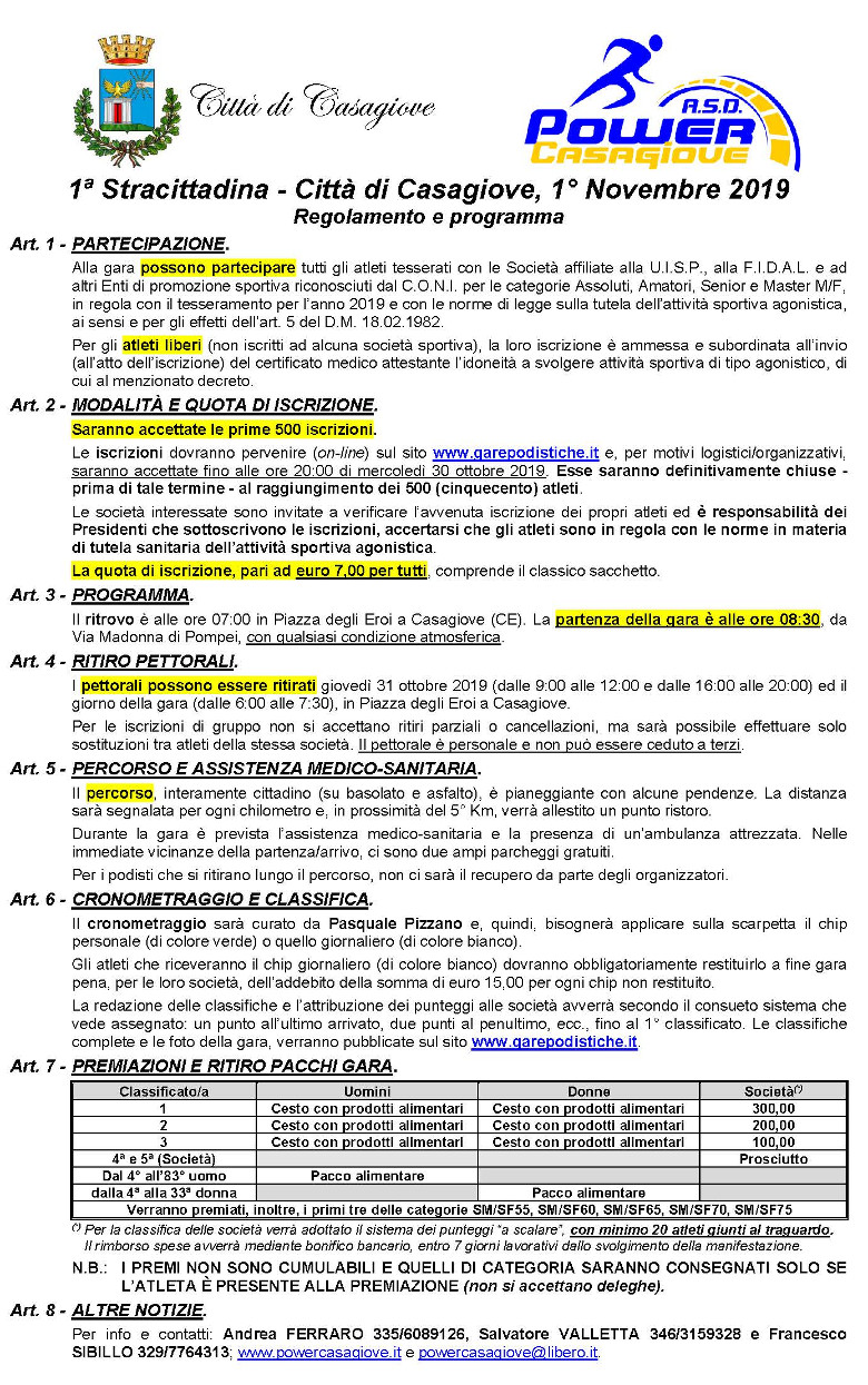 Stracittadina Città di Casagiove 2019 regolamento gara podistica
