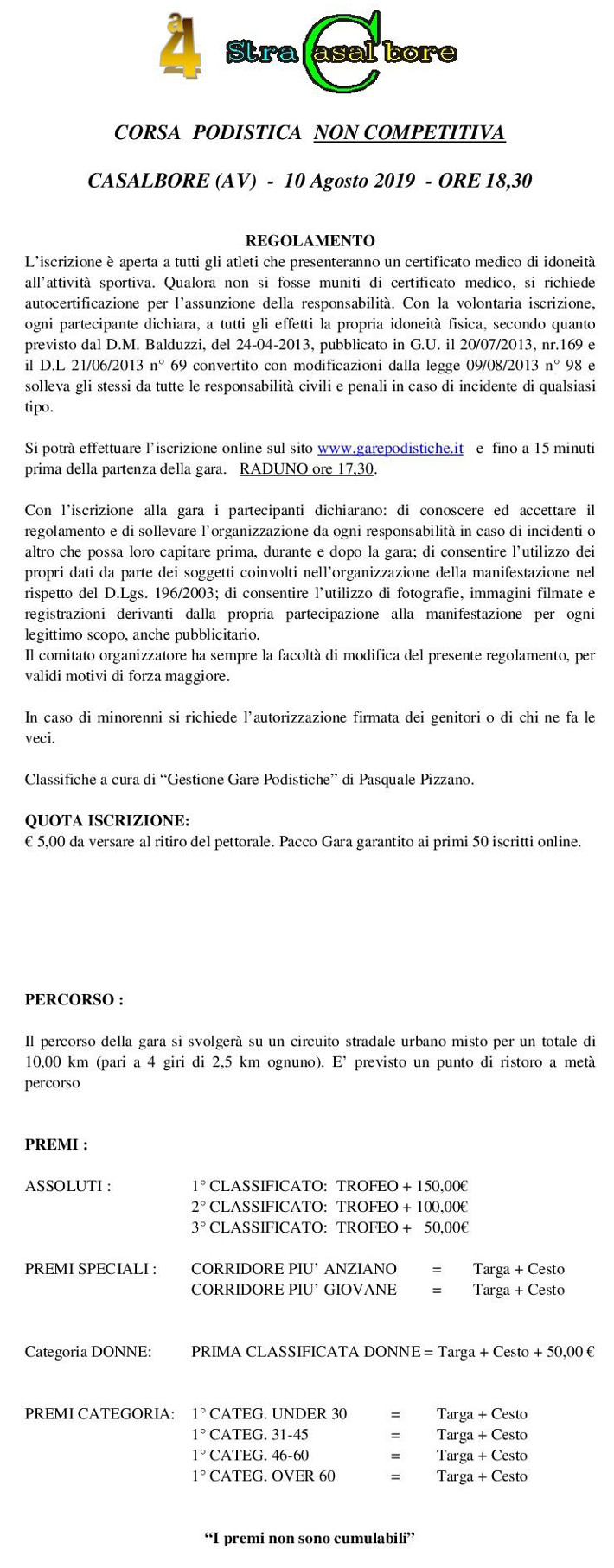 Regolamento StraCasalbore 2019 gara podistica di Casalbore