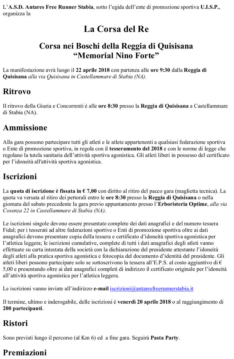 Regolamento Corsa del Re 22 Aprile 2018 Castellammare di Stabia