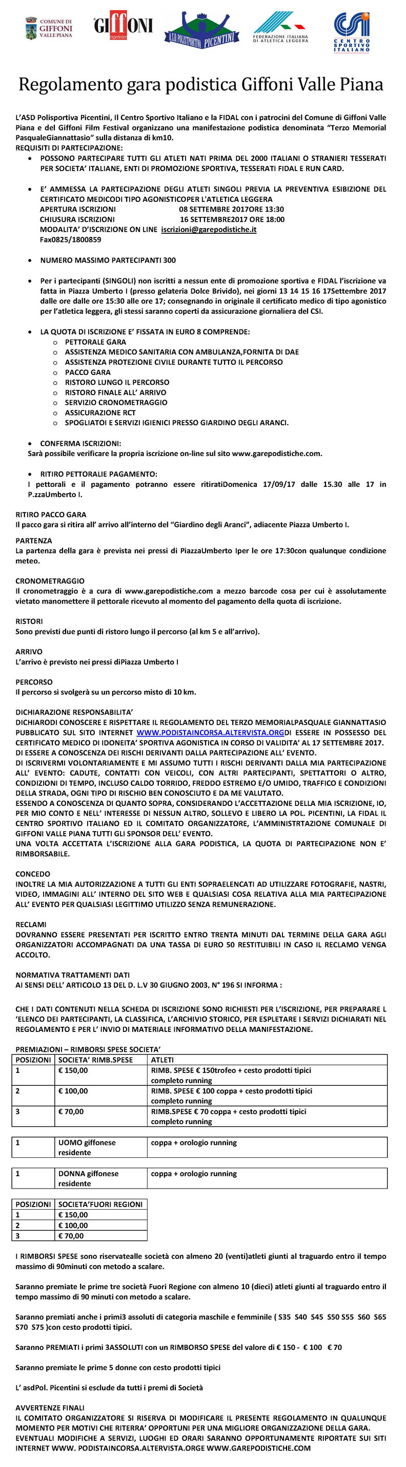 Giffoni Valle Piana Pasquale Giannattasio 2017 regolamento