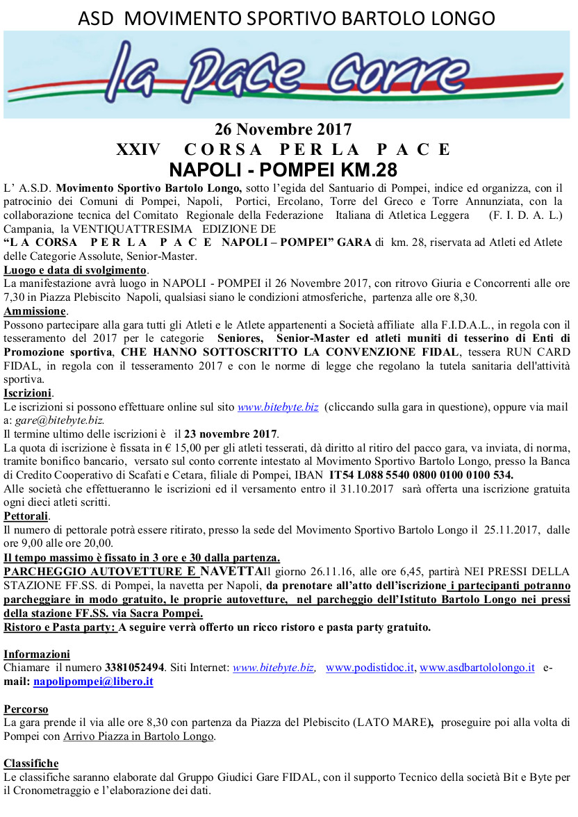 Napoli-Pompei corsa podistica 2017 regolamento