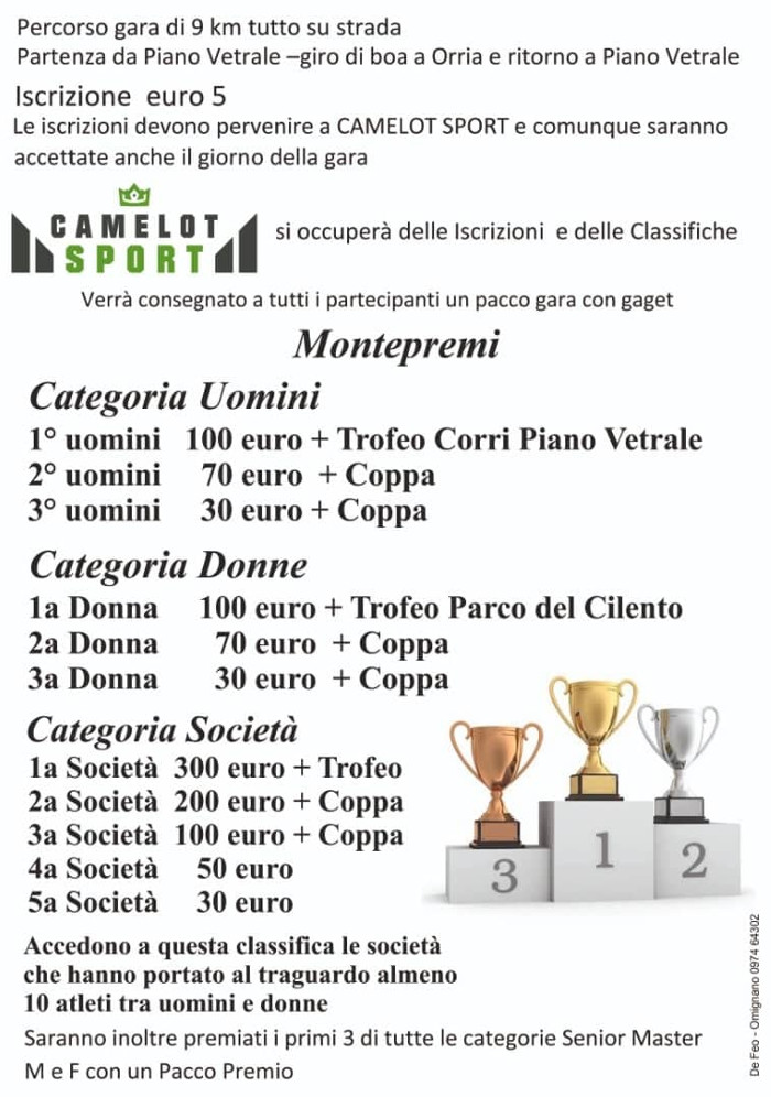 Corri la Piano Vetrale 2019 programma e premi gara Orria