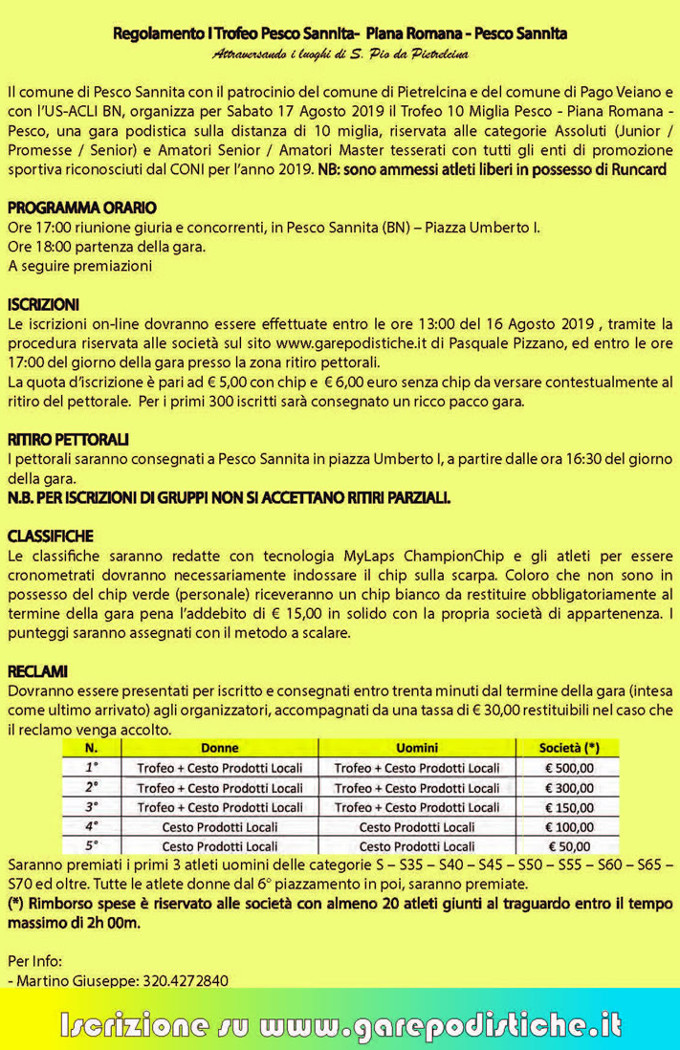 Regolamento 10 Miglia 2019 gara Pesco Sannita San Pio da Pietrelcina
