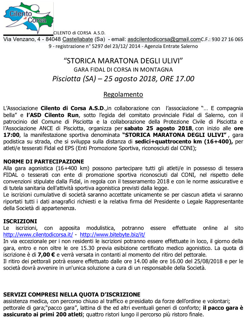 Regolamento Storica Maratona degli Ulivi 2018 Pisciotta