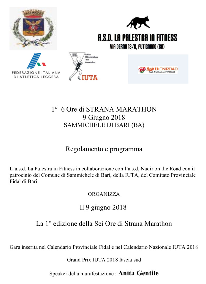 Regolamento 6 ore di Strana Marathon Sammichele di Bari 2018