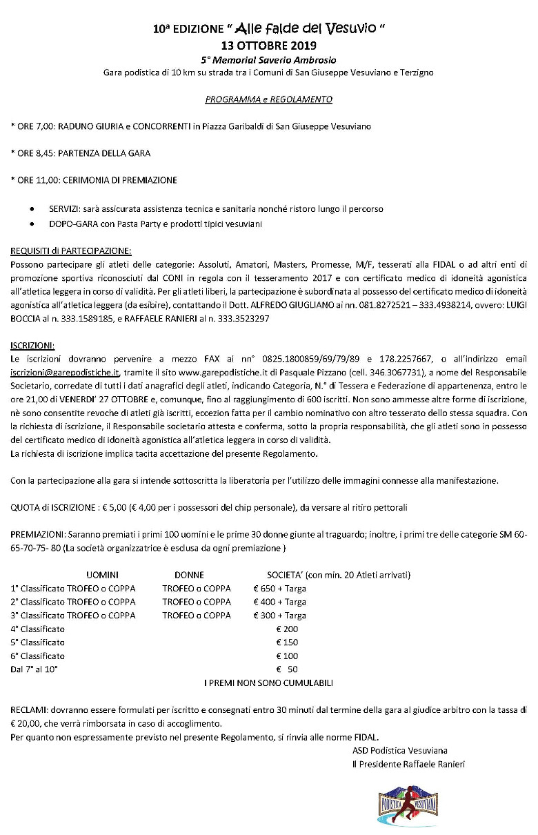 Regolamento falde del Vesuvio 2019 gara SanGiuseppe Vesuviano