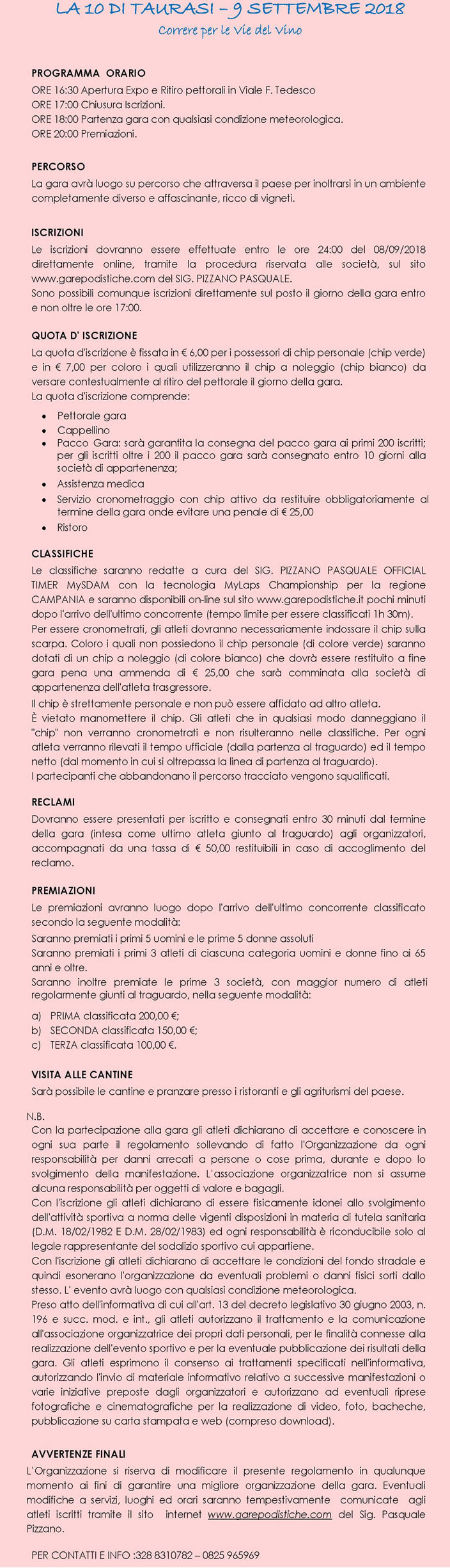 La 10 di Taurasi 2018 Regolamento correre per le vie del vino