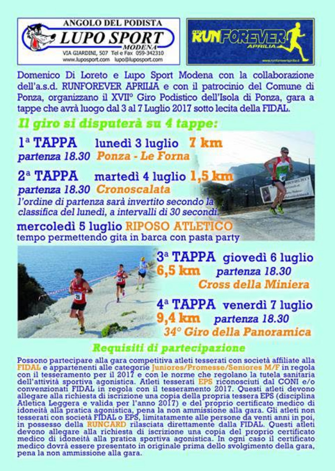 Giro podistico Isola di Ponza 2017 tappe